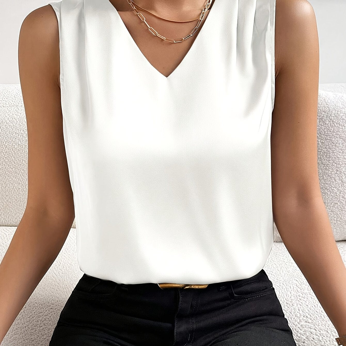 Women's Elegant Sleeveless V-Neck Summer Party Dress - Solid Color Backless Blouse